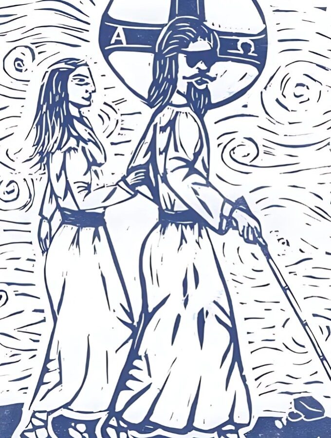 Blue and white print of a blind Christ leading a sighted disciple - 1