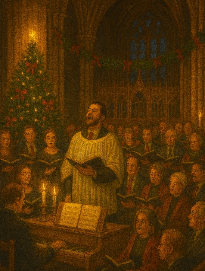 Winchester Cathedral decorated for Christmas 2025 with festive lights and seasonal decorations in the historic nave