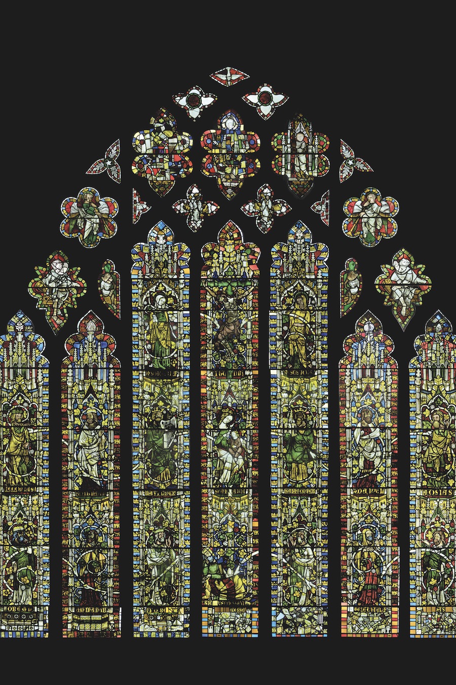 Seven lights with twenty-seven panels in lustrous symmetrical Curvilinear scheme, high gable at east end of quire, c.7.5 × 6.5 m