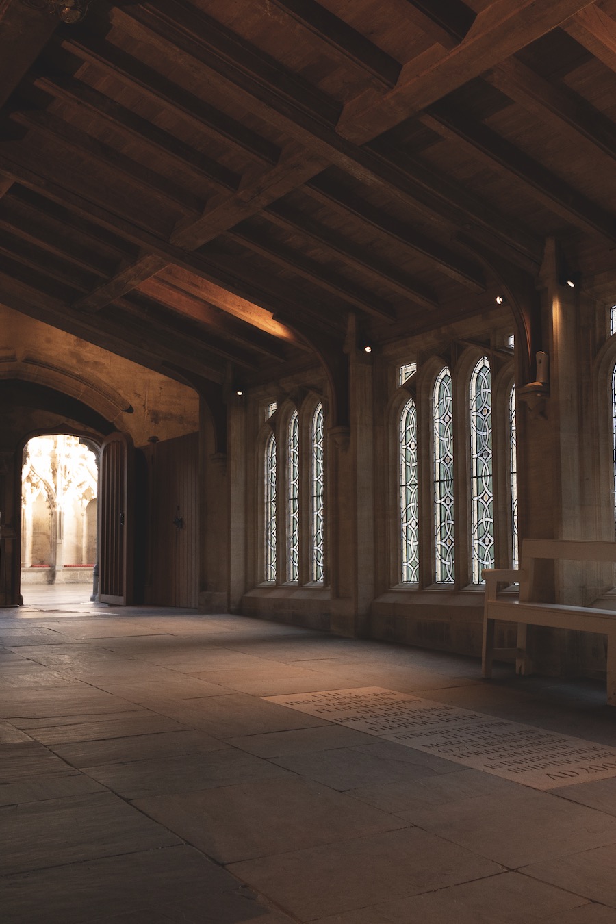Fourteen geometric grisaille lights, 1.8 x 1.6 m, designed by Helen Whittaker (b. 1974) and made by Barley Studio, for the 2000 Processional Way by Jane Kennedy (b. 1953), linking the Lady Chapel to the Cathedral, three blocks of four lights and two lancets