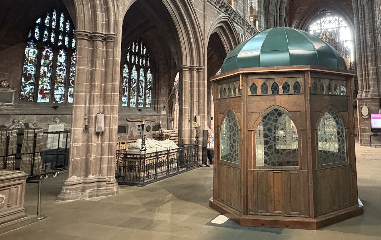 Kiosk, artist, Wolfgang Weileder's architectural sculpture constructed from reclaimed wooden church pews that draws on the visual language of Islamic architecture. Spirit of Summer